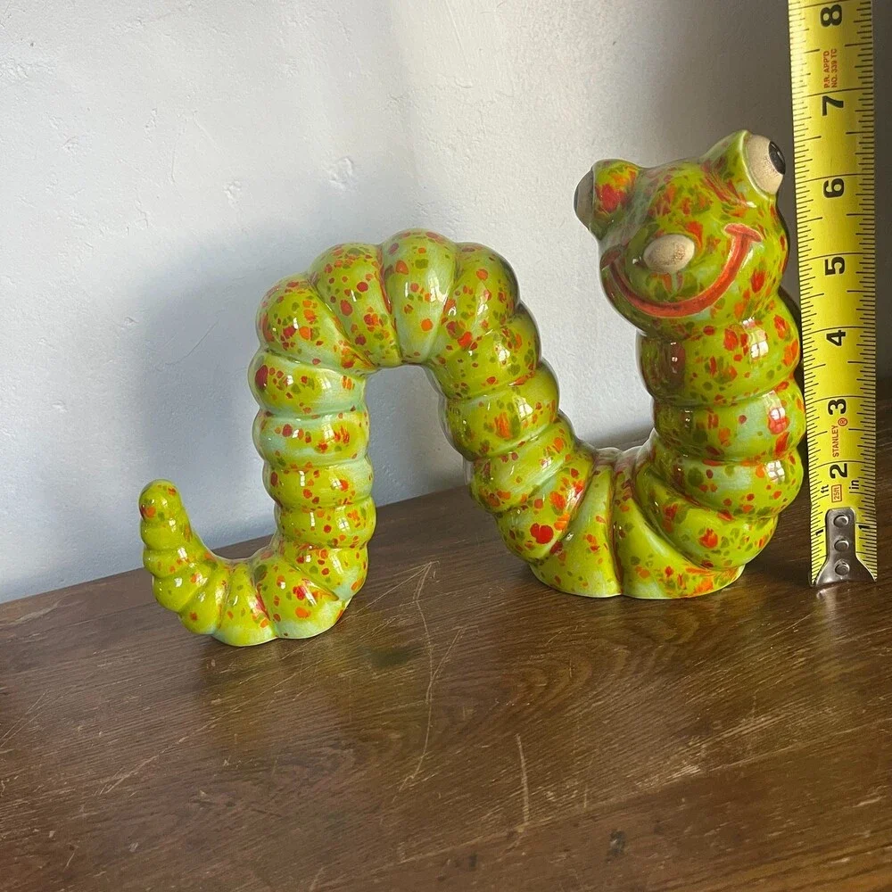 VTG 11” MCM Speckle Ceramic Garden Worm Caterpillar Statue Art Pottery Decor 70s